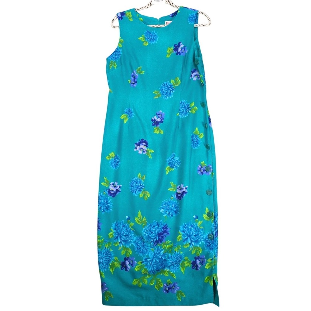 R&K Originals Teal Floral Maxi Dress Sz 12 Accent Buttons Side Slit Resort Flowy